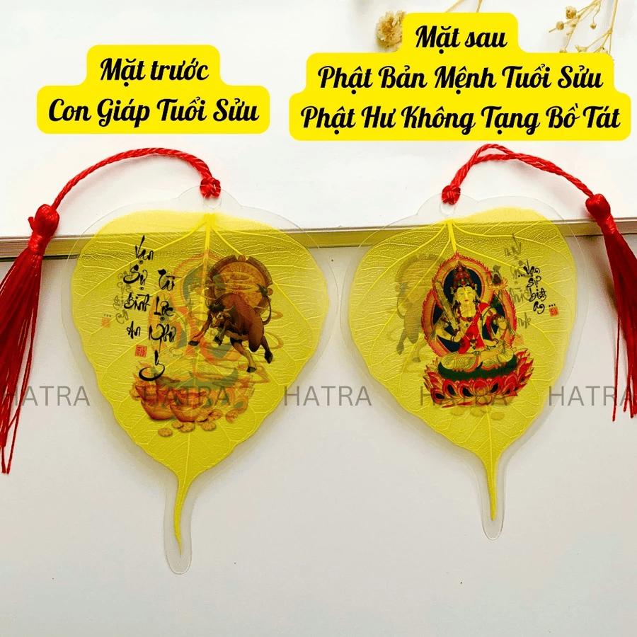 (Tặng Bao Lì Xì Lộc) Lá bồ đề nhũ vàng 2 mặt 12 con giáp và phật bản mệnh, để ốp lưng điện thoại, treo xe ô tô đã khai quang