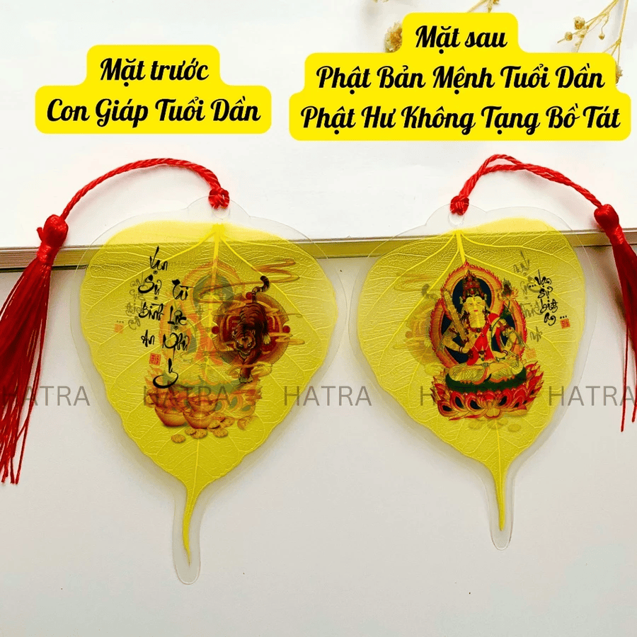 (Tặng Bao Lì Xì Lộc) Lá bồ đề nhũ vàng 2 mặt 12 con giáp và phật bản mệnh, để ốp lưng điện thoại, treo xe ô tô đã khai quang