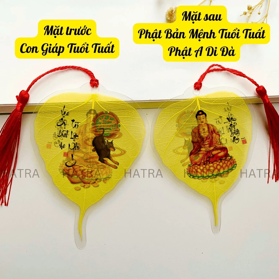 (Tặng Bao Lì Xì Lộc) Lá bồ đề nhũ vàng 2 mặt 12 con giáp và phật bản mệnh, để ốp lưng điện thoại, treo xe ô tô đã khai quang