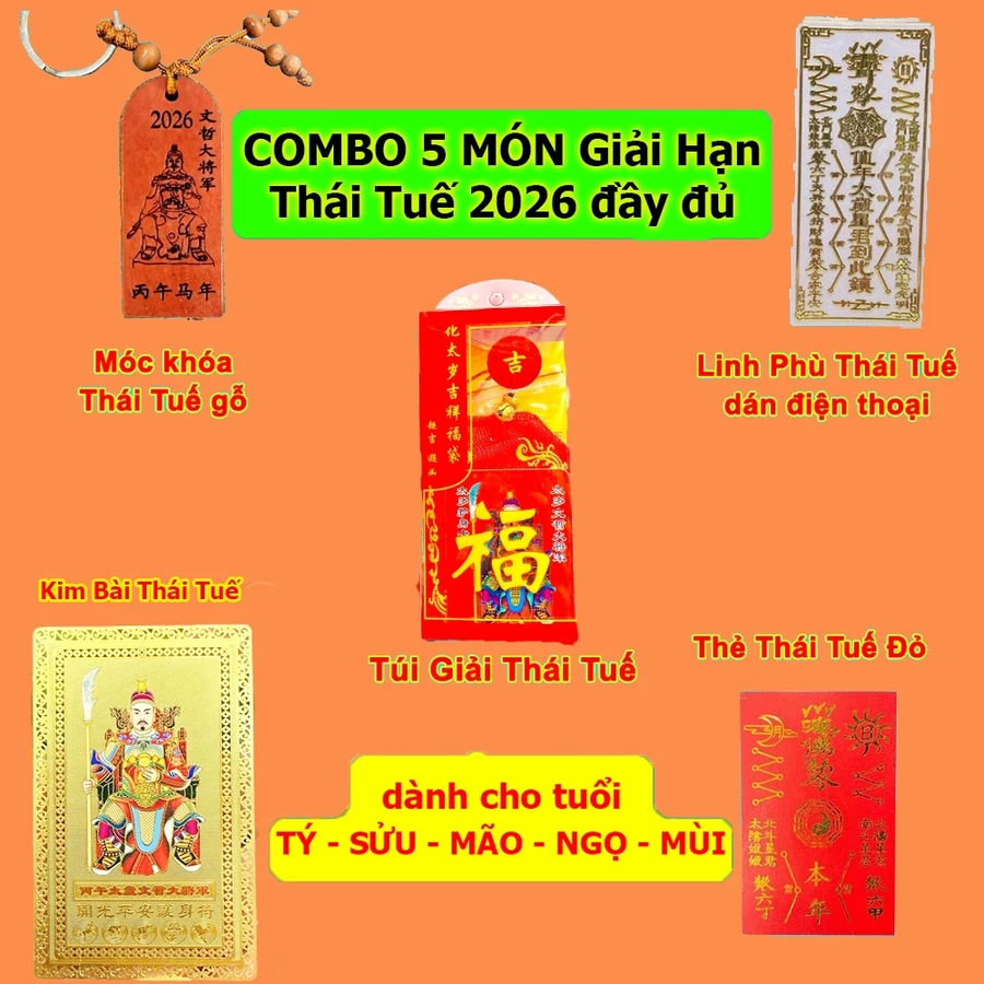 (Đã Khai Quang) Sét 5 Món Thái Tuế 2026: Túi Thái Tuế - Móc Khóa - Kim Bài Thái Tuế - Phù Thái Tuế Bình an May mắn