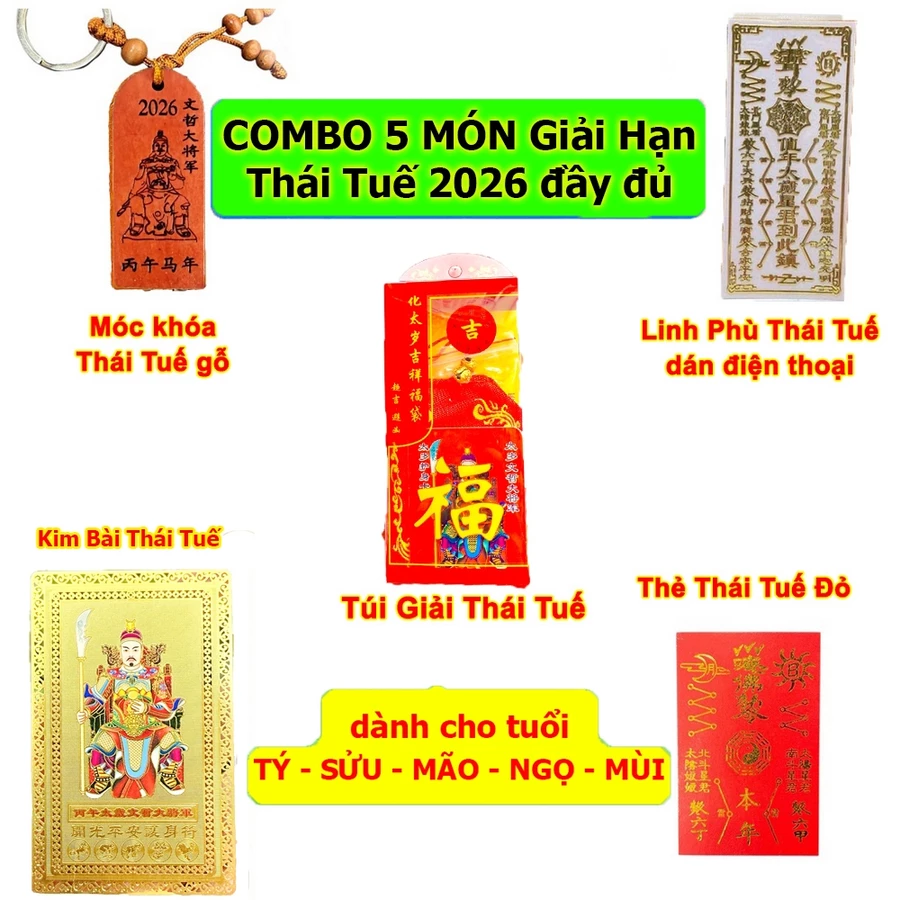 (Đã Khai Quang) Sét 5 Món Thái Tuế 2026: Túi Thái Tuế - Móc Khóa - Kim Bài Thái Tuế - Phù Thái Tuế Bình an May mắn