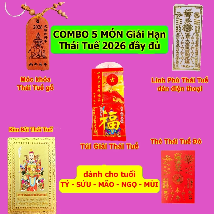 (Đã Khai Quang) Sét 5 Món Thái Tuế 2026: Túi Thái Tuế - Móc Khóa - Kim Bài Thái Tuế - Phù Thái Tuế Bình an May mắn
