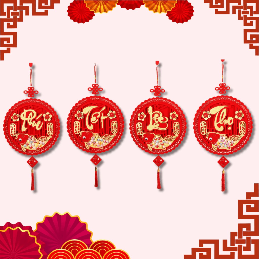 Khánh Đỏ Tròn Treo Tường Trang Trí Tết 2026 Mẫu Cá Chép