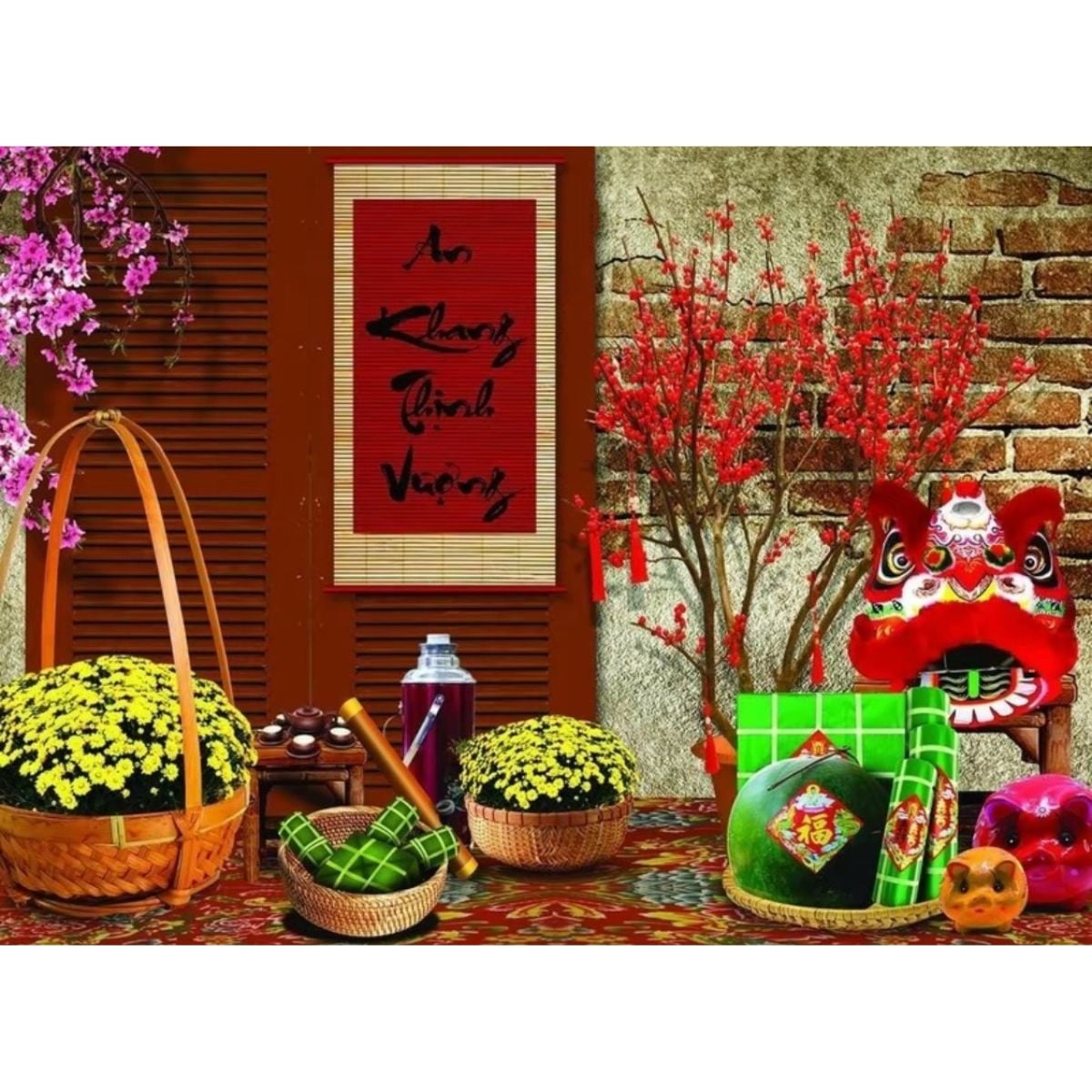 Phông nền decor tết Bính Ngọ 2026 - Tranh vải decor cao cấp
