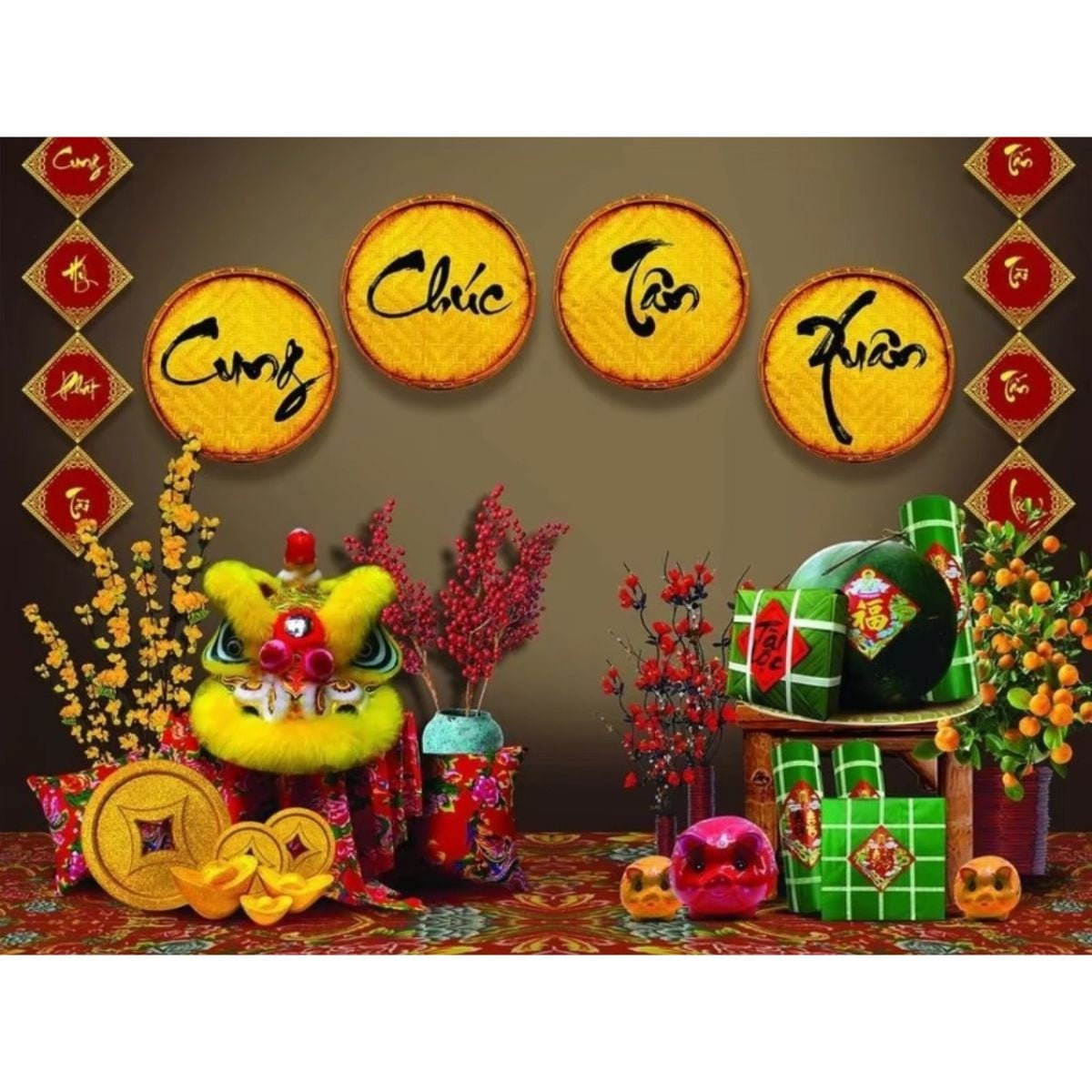Phông nền decor tết Bính Ngọ 2026 - Tranh vải decor cao cấp