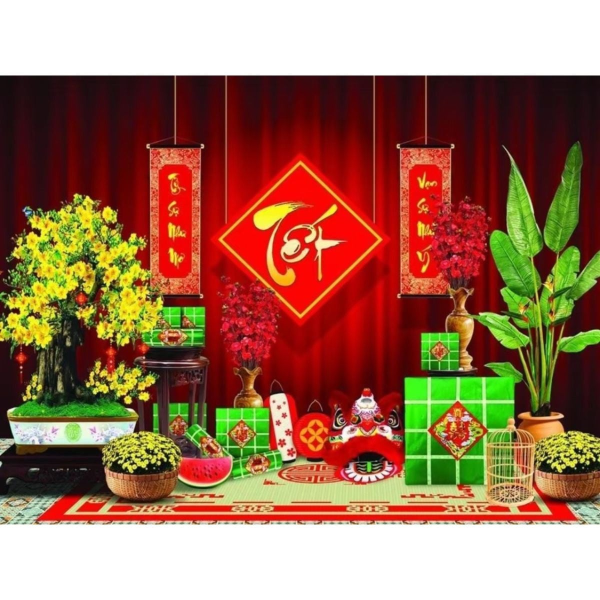 Phông nền decor tết Bính Ngọ 2026 - Tranh vải decor cao cấp