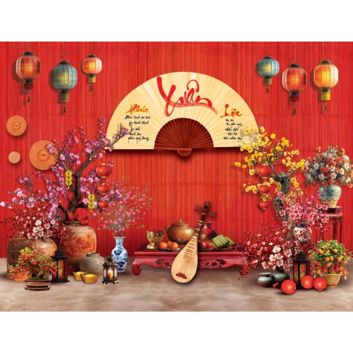 Phông nền decor tết Bính Ngọ 2026 - Tranh vải decor cao cấp