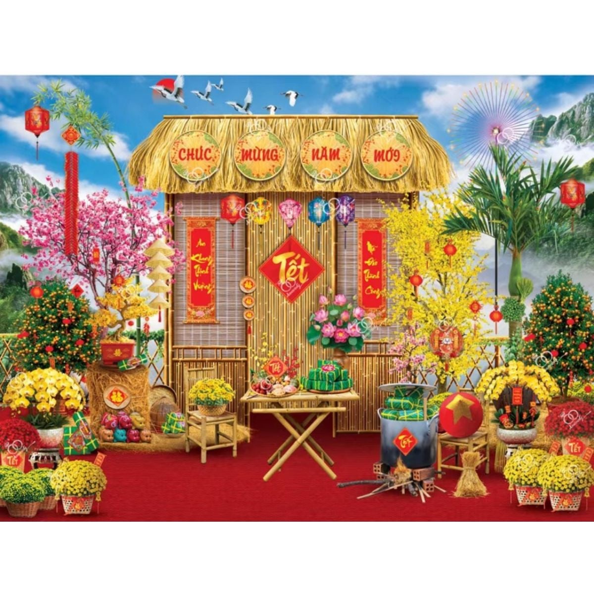 Phông nền decor tết Bính Ngọ 2026 - Tranh vải decor cao cấp