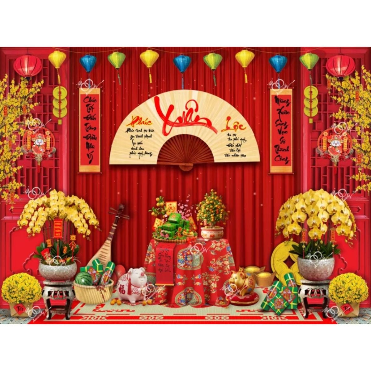 Phông nền decor tết Bính Ngọ 2026 - Tranh vải decor cao cấp