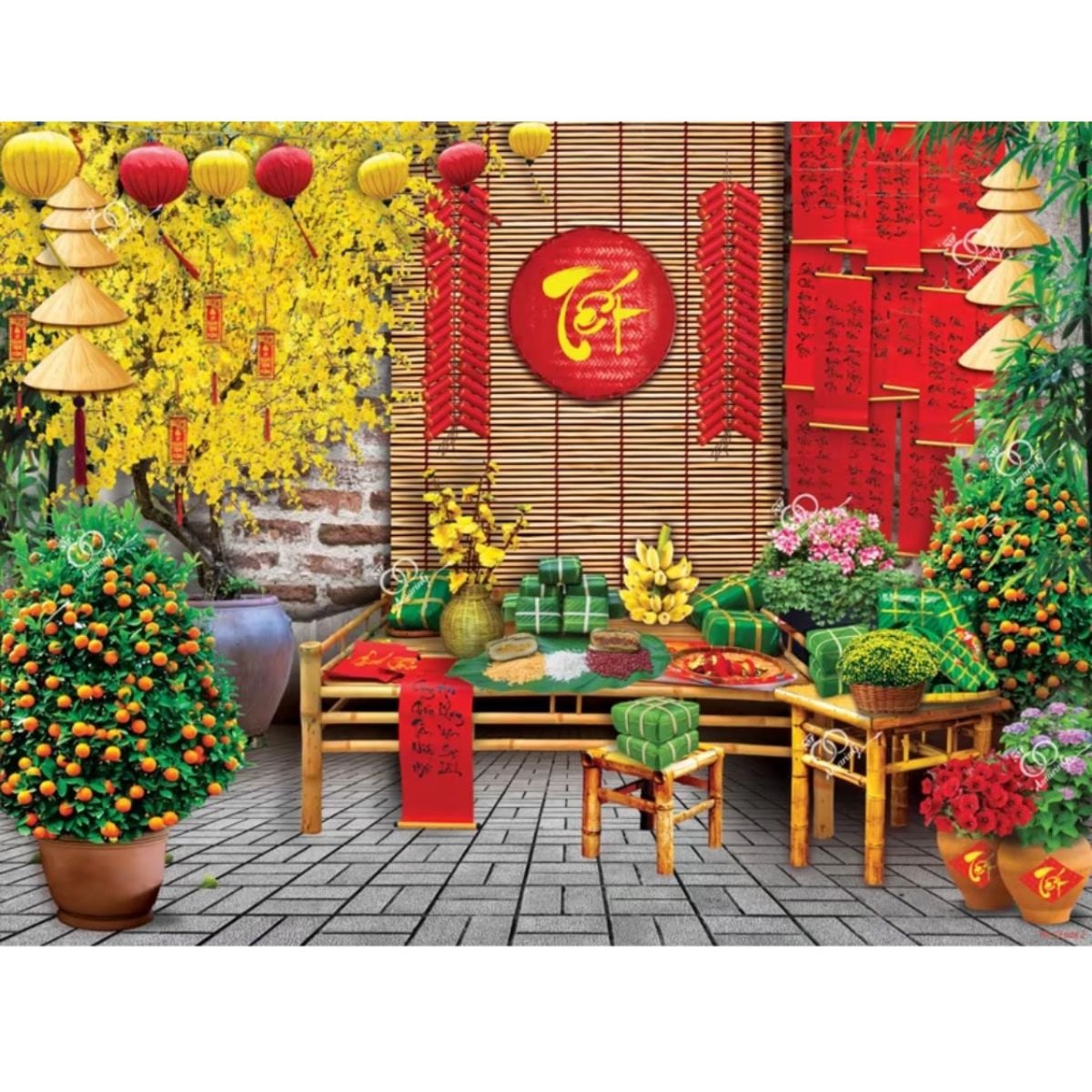 Phông nền decor tết Bính Ngọ 2026 - Tranh vải decor cao cấp