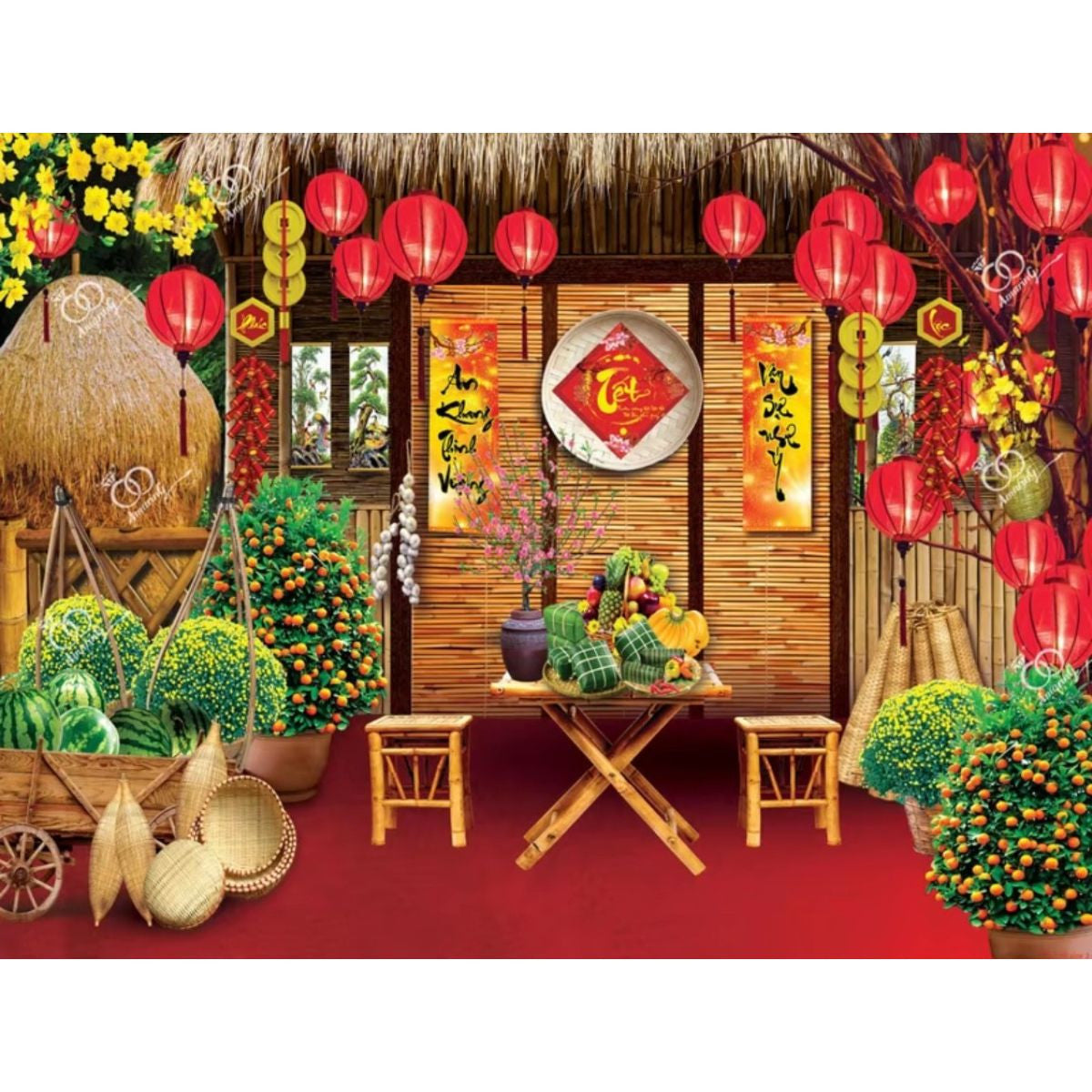 Phông nền decor tết Bính Ngọ 2026 - Tranh vải decor cao cấp