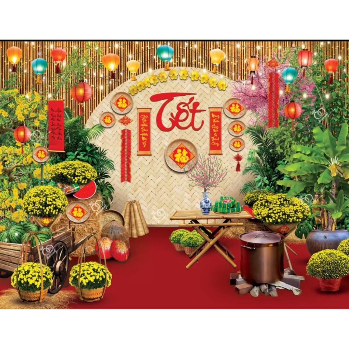 Phông nền decor tết Bính Ngọ 2026 - Tranh vải decor cao cấp