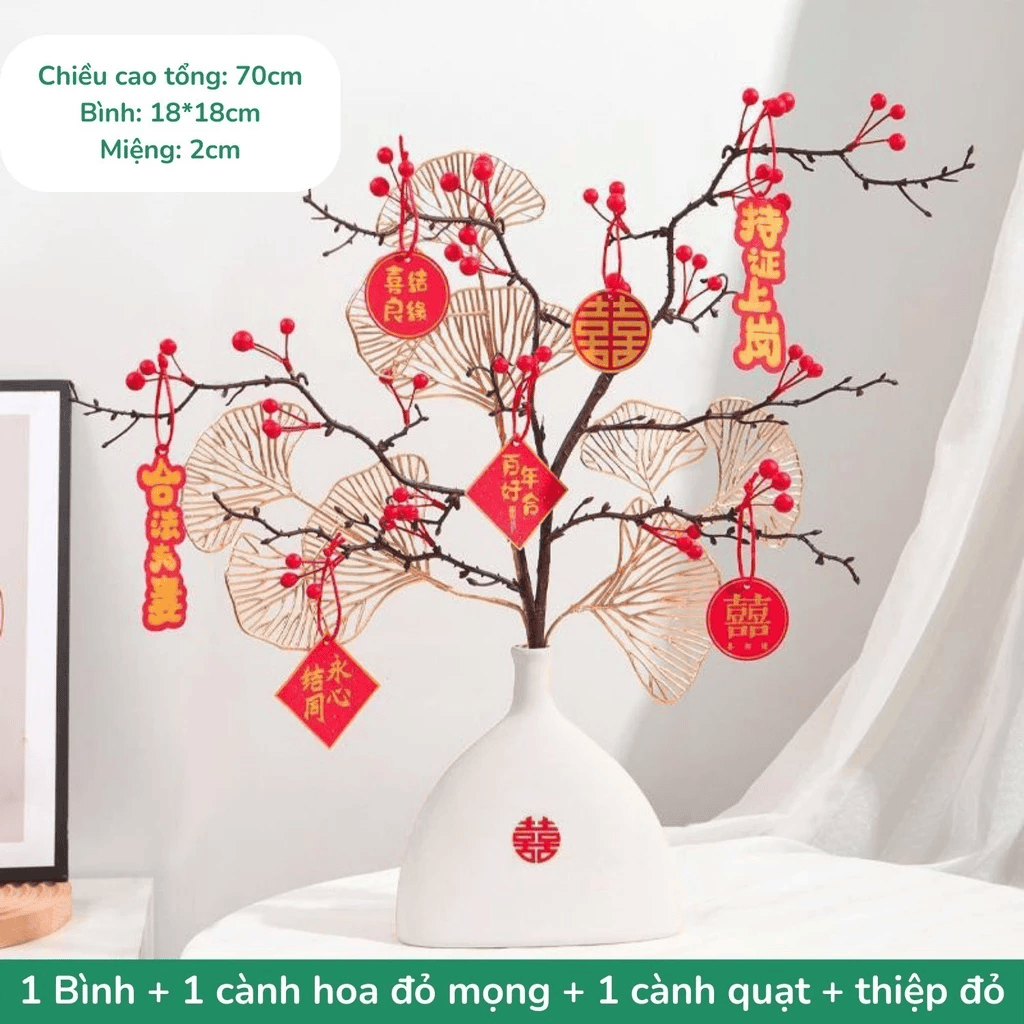 SET (Thiệp + Bình gốm sứ + cành đào khô+ cành vàng) cao cấp trang trí decor phòng khách Tết 2026, set hoa và bình tài lộc