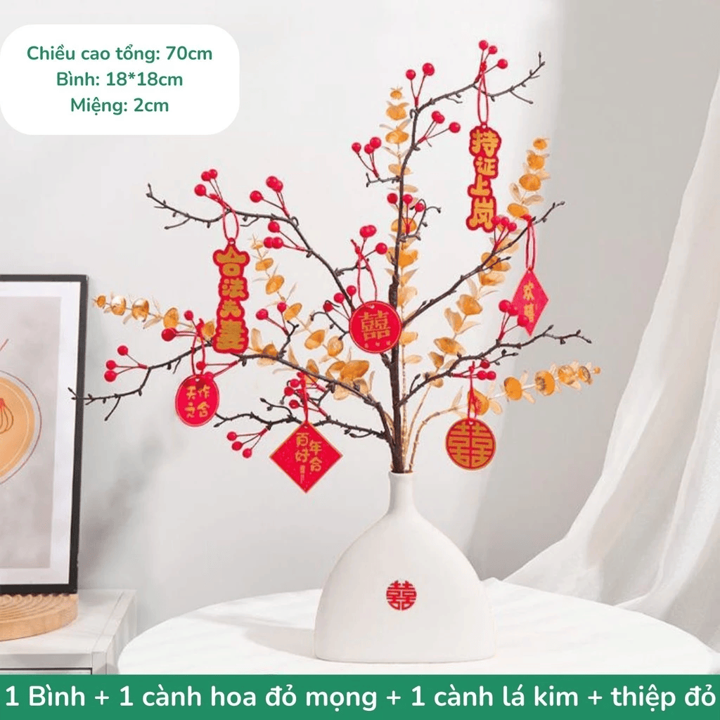 SET (Thiệp + Bình gốm sứ + cành đào khô+ cành vàng) cao cấp trang trí decor phòng khách Tết 2026, set hoa và bình tài lộc