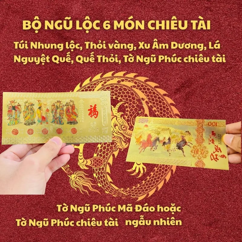BỘ NGŨ LỘC 6 MÓN Chiêu Tài Phong Thủy. Túi Nhung Lộc, Thỏi Vàng, Xu Âm Dương, Lá + Vỏ Quế, Tờ Ngũ Phúc Chiêu Tài