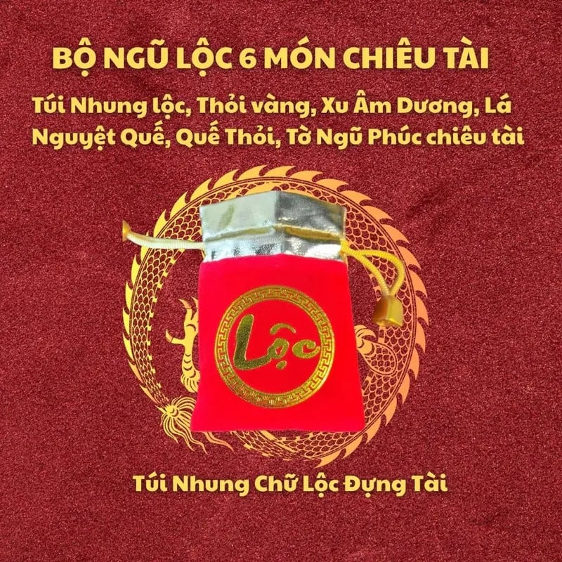 BỘ NGŨ LỘC 6 MÓN Chiêu Tài Phong Thủy. Túi Nhung Lộc, Thỏi Vàng, Xu Âm Dương, Lá + Vỏ Quế, Tờ Ngũ Phúc Chiêu Tài