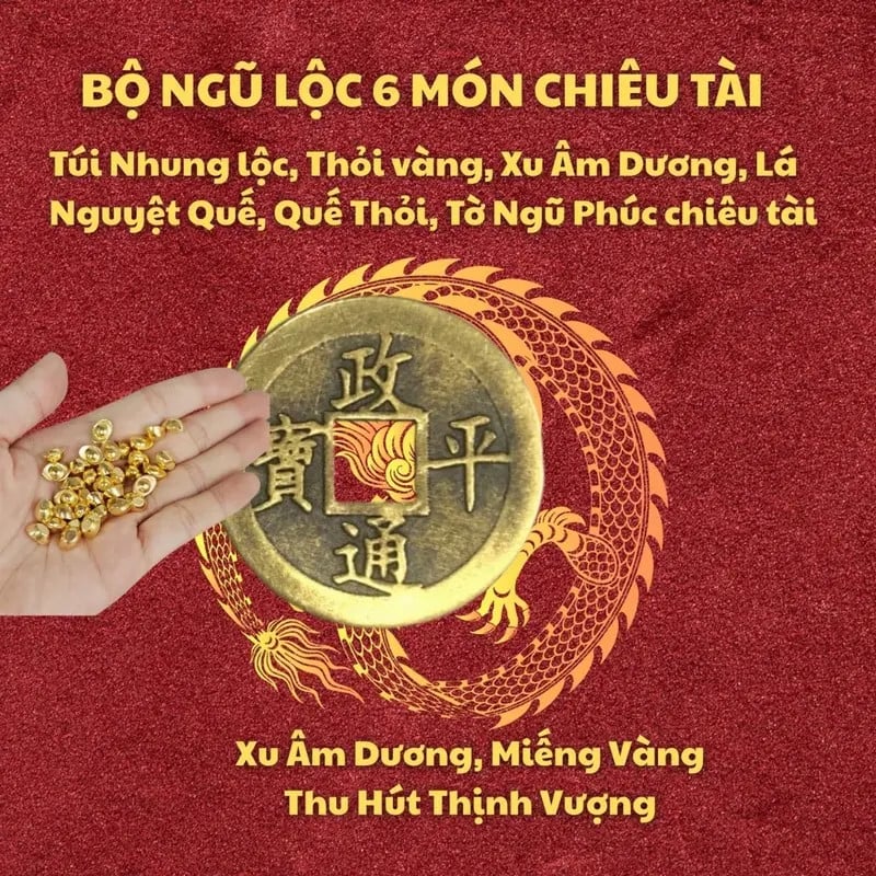 BỘ NGŨ LỘC 6 MÓN Chiêu Tài Phong Thủy. Túi Nhung Lộc, Thỏi Vàng, Xu Âm Dương, Lá + Vỏ Quế, Tờ Ngũ Phúc Chiêu Tài
