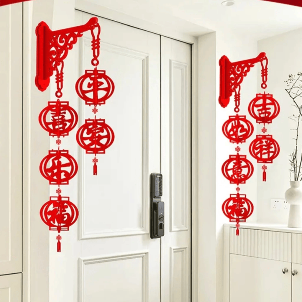 Combo 2 Khánh Đèn Lông Treo Tường Ép Nhung Size 5 Quả Dán Tường Mẫu Mới Nhất 2026 Dùng Decor Nhà Cửa, Chung Cư Đón Tết
