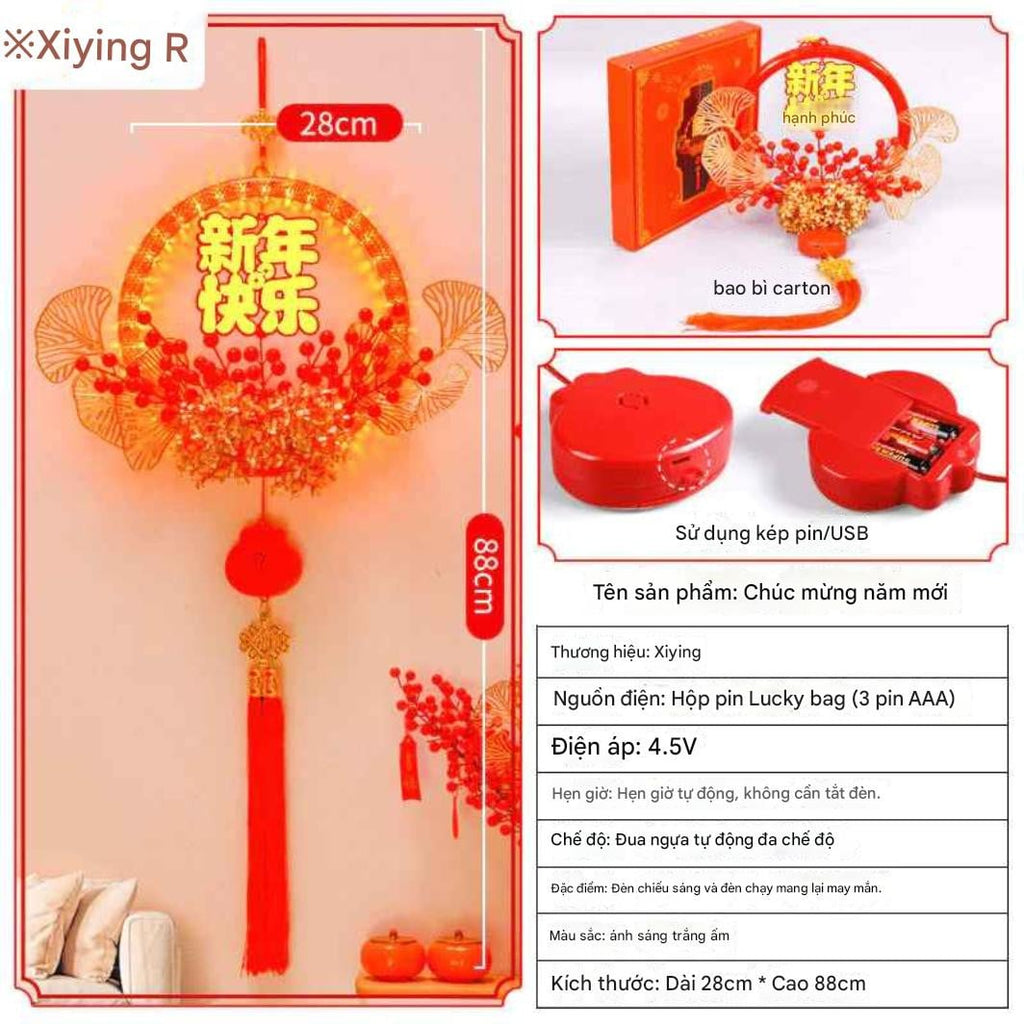 [KHÔNG KÈM PIN ] Mặt dây chuyền đèn LED Tết Nguyên Đán 2026. Vòng hoa phát sáng trang trí đón năm mới