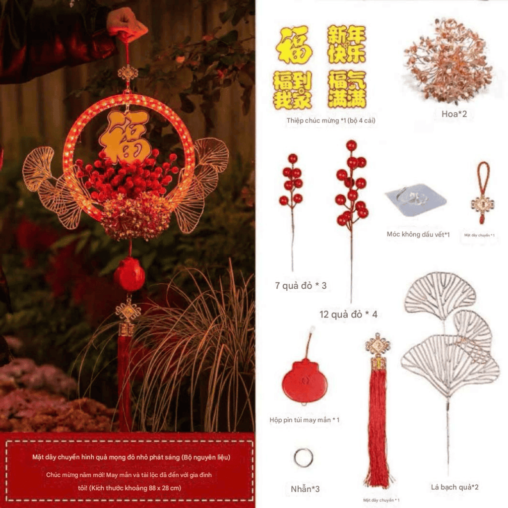 [KHÔNG KÈM PIN ] Mặt dây chuyền đèn LED Tết Nguyên Đán 2026. Vòng hoa phát sáng trang trí đón năm mới