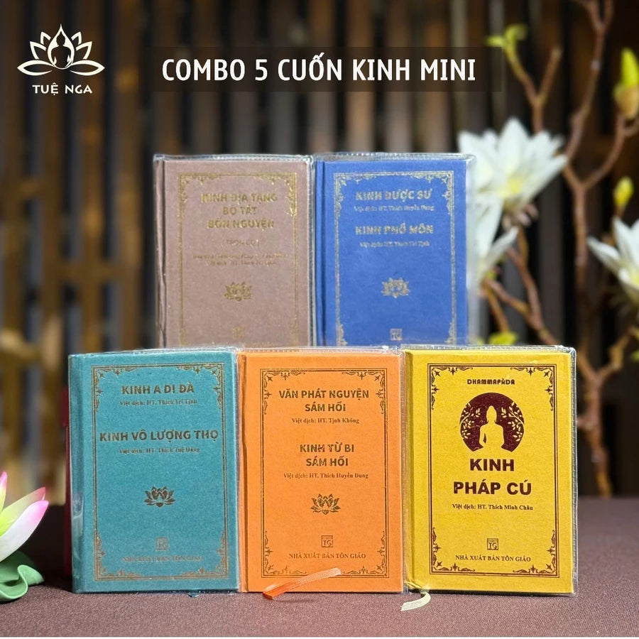 Bộ 5 cuốn kinh mini bìa cứng (Địa tạng + Từ Bi Sám Hối + Pháp Cú + Vô Lượng Thọ +Phổ Môn)
