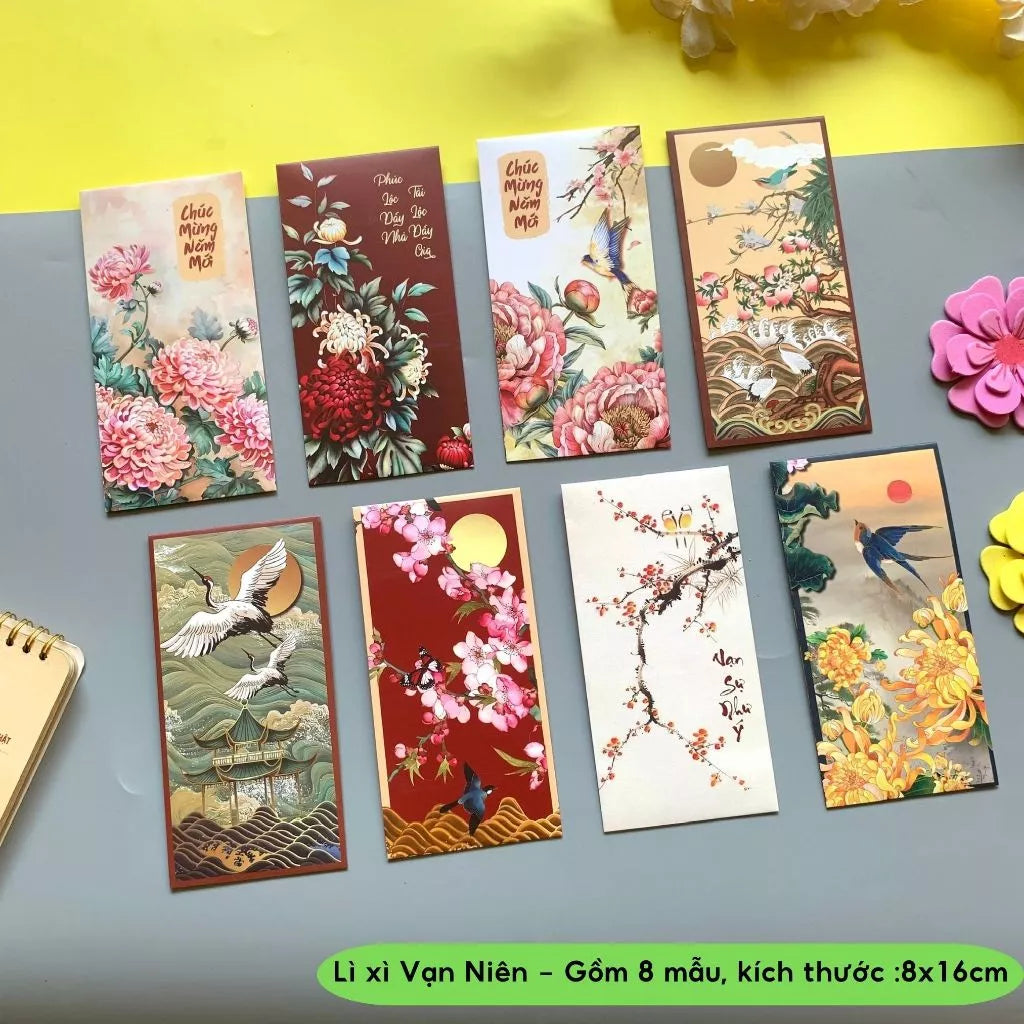 Bộ 8 mẫu Lì xì Vạn Niên may mắn, thịnh vượng, mẫu thiết kế, cán mờ sang trọng - vpp Doremon
