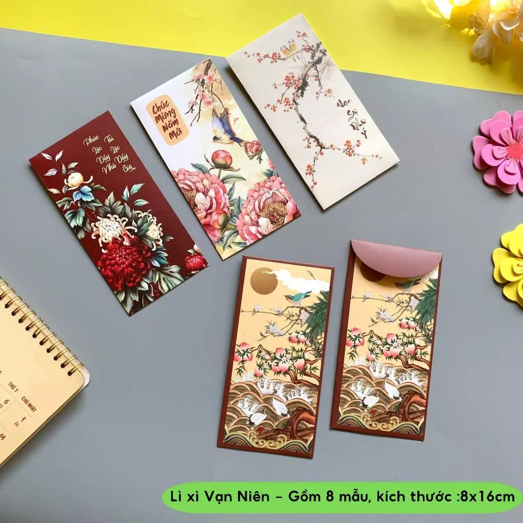 Bộ 8 mẫu Lì xì Vạn Niên may mắn, thịnh vượng, mẫu thiết kế, cán mờ sang trọng - vpp Doremon