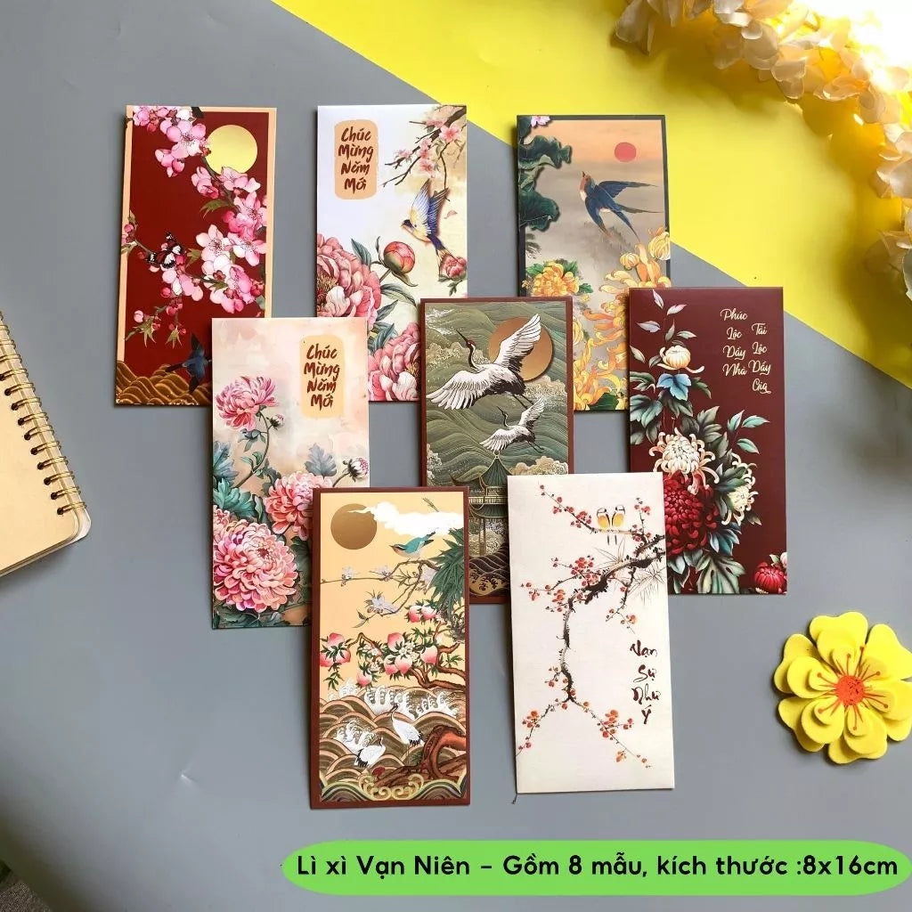 Bộ 8 mẫu Lì xì Vạn Niên may mắn, thịnh vượng, mẫu thiết kế, cán mờ sang trọng - vpp Doremon