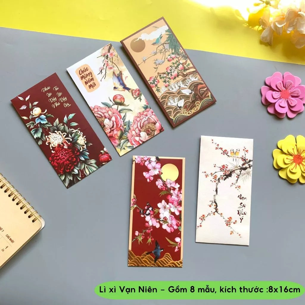 Bộ 8 mẫu Lì xì Vạn Niên may mắn, thịnh vượng, mẫu thiết kế, cán mờ sang trọng - vpp Doremon