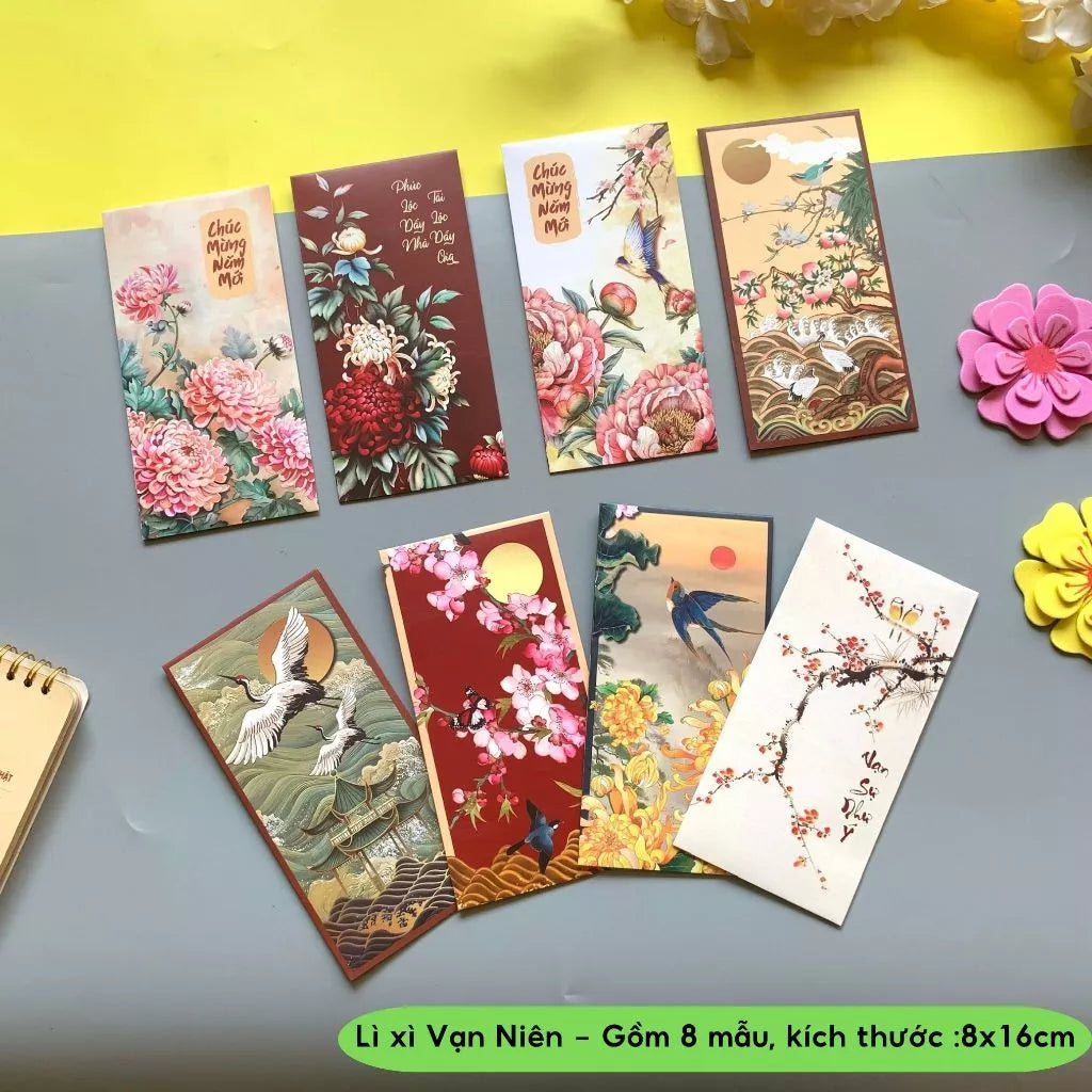 Bộ 8 mẫu Lì xì Vạn Niên may mắn, thịnh vượng, mẫu thiết kế, cán mờ sang trọng - vpp Doremon