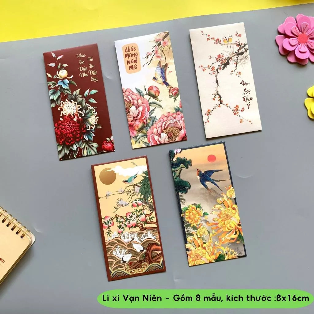 Bộ 8 mẫu Lì xì Vạn Niên may mắn, thịnh vượng, mẫu thiết kế, cán mờ sang trọng - vpp Doremon