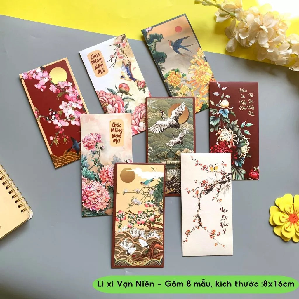 Bộ 8 mẫu Lì xì Vạn Niên may mắn, thịnh vượng, mẫu thiết kế, cán mờ sang trọng - vpp Doremon