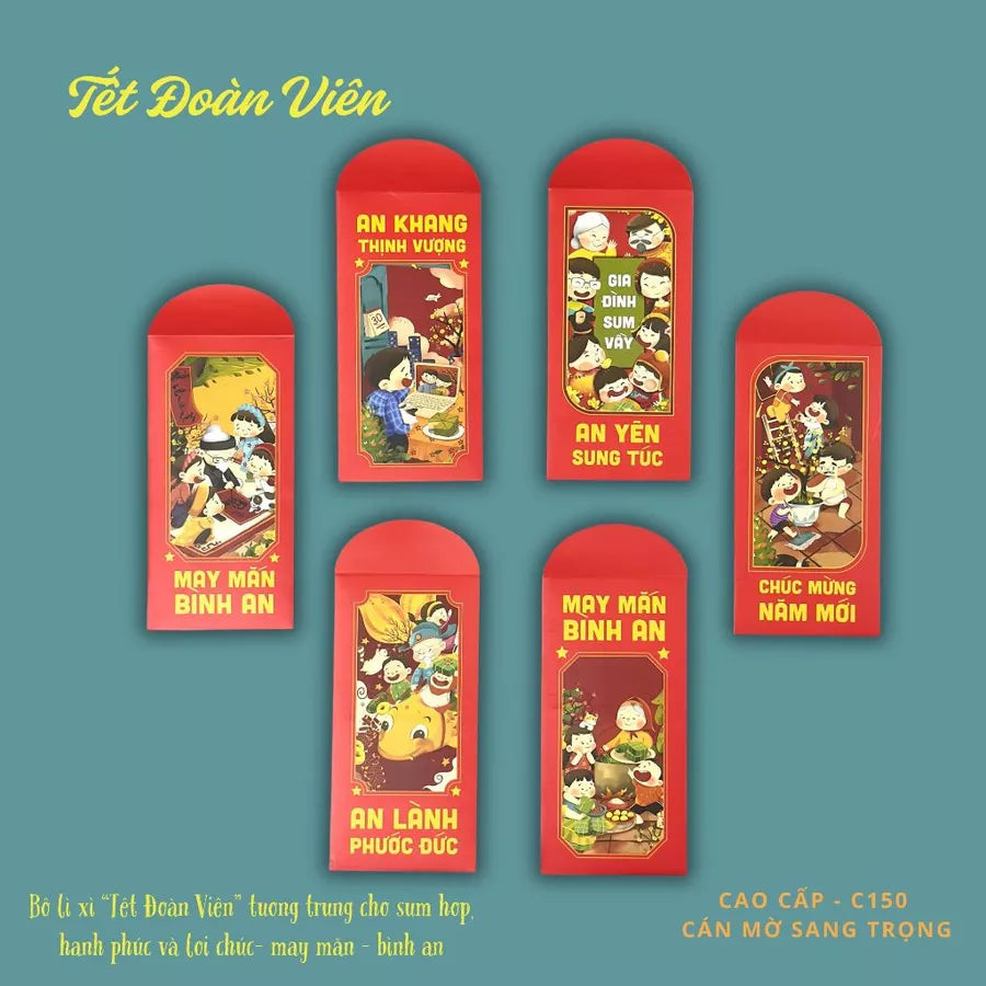 Bộ 8 mẫu Lì xì Vạn Niên may mắn, thịnh vượng, mẫu thiết kế, cán mờ sang trọng - vpp Doremon