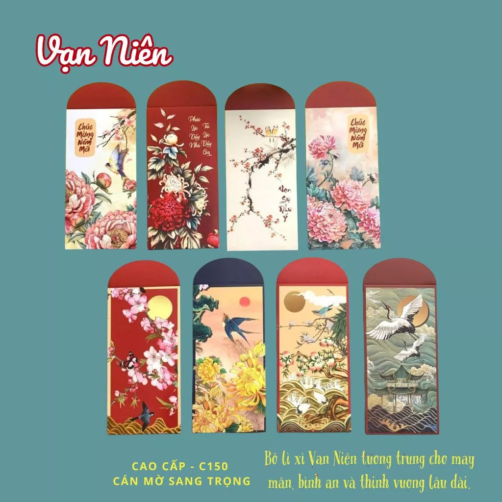 Bộ 8 mẫu Lì xì Vạn Niên may mắn, thịnh vượng, mẫu thiết kế, cán mờ sang trọng - vpp Doremon