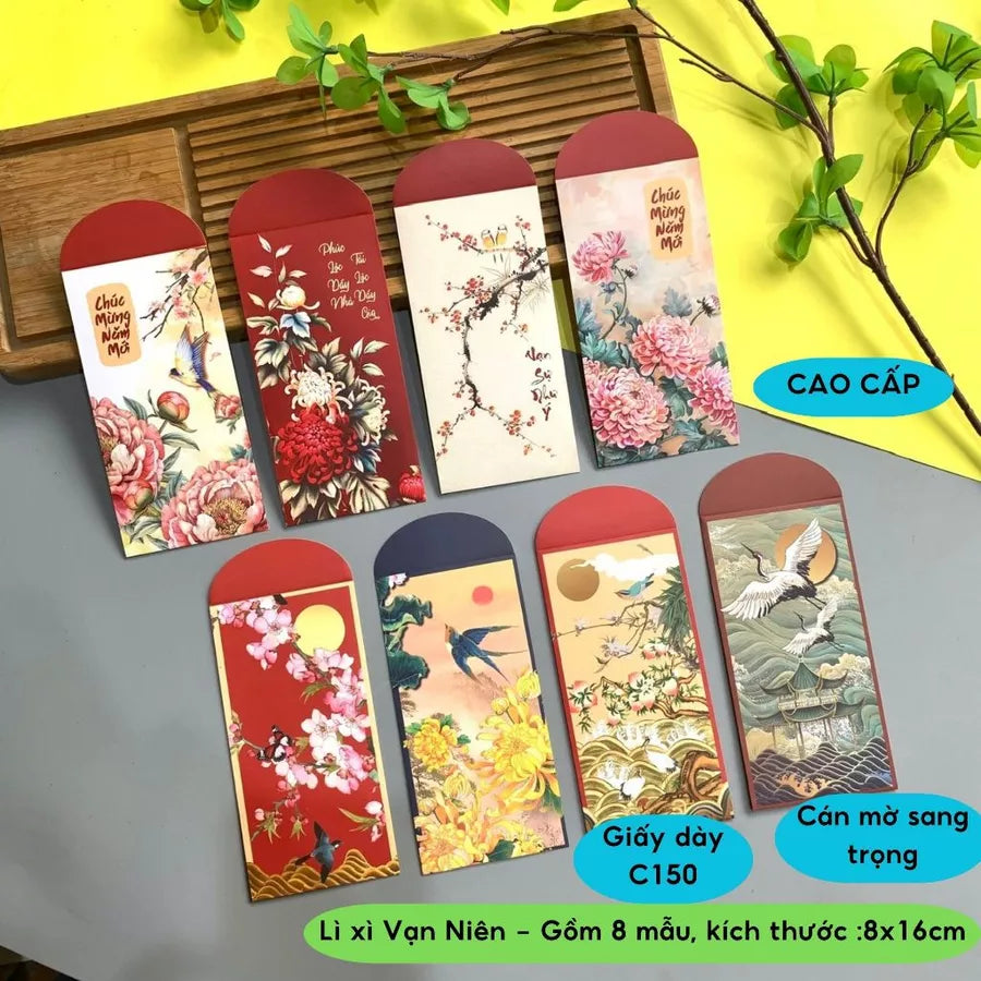 Bộ 8 mẫu Lì xì Vạn Niên may mắn, thịnh vượng, mẫu thiết kế, cán mờ sang trọng - vpp Doremon