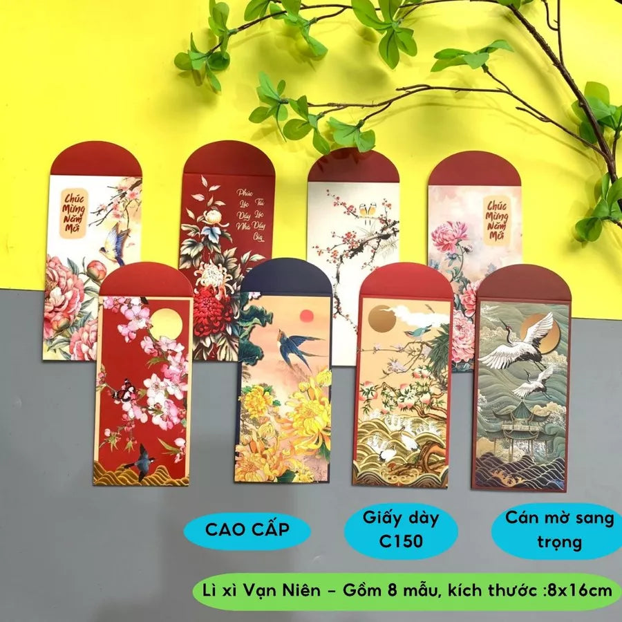 Bộ 8 mẫu Lì xì Vạn Niên may mắn, thịnh vượng, mẫu thiết kế, cán mờ sang trọng - vpp Doremon