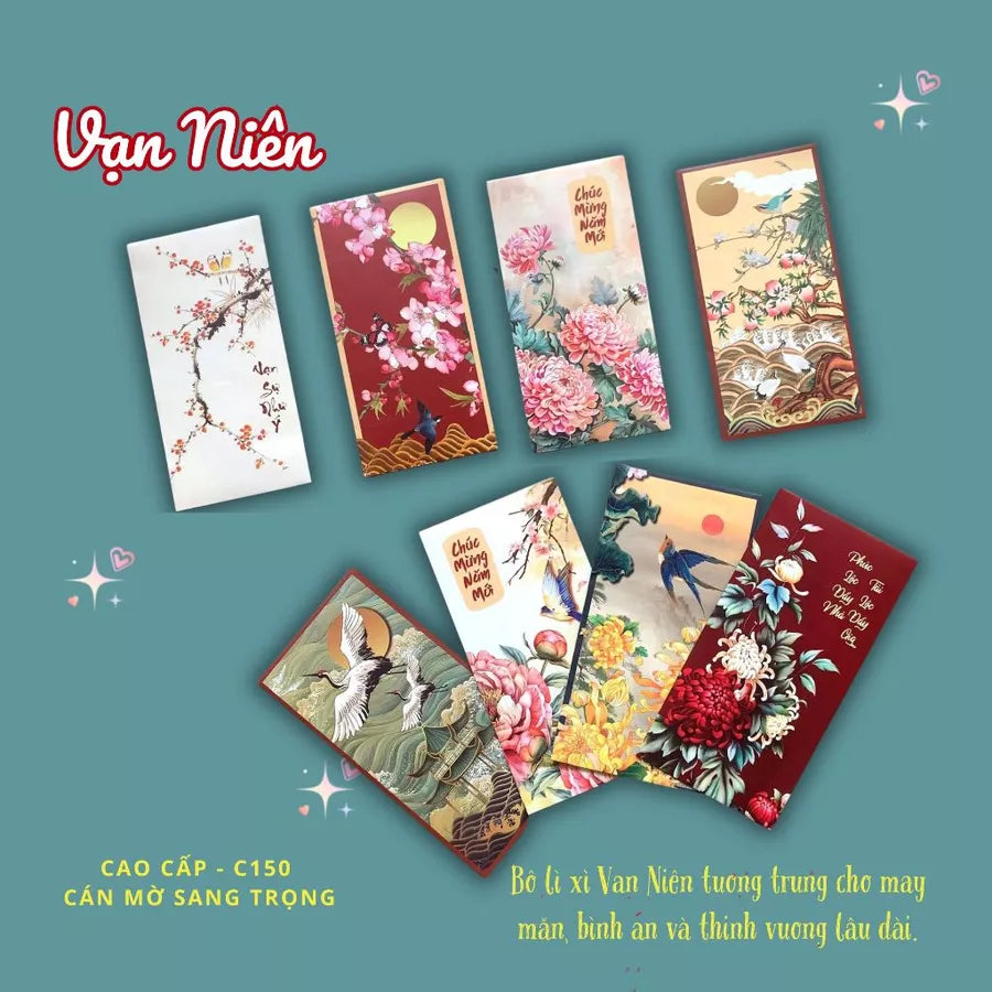 Bộ 8 mẫu Lì xì Vạn Niên may mắn, thịnh vượng, mẫu thiết kế, cán mờ sang trọng - vpp Doremon