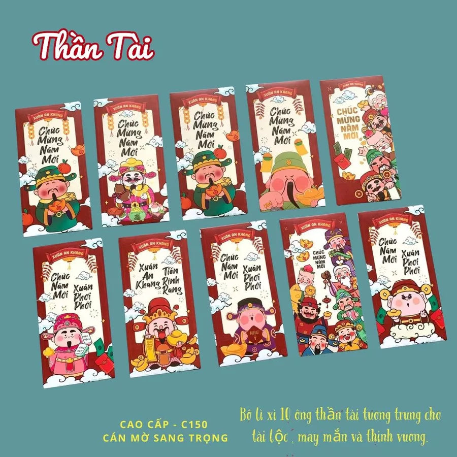 Bộ 8 mẫu Lì xì Vạn Niên may mắn, thịnh vượng, mẫu thiết kế, cán mờ sang trọng - vpp Doremon