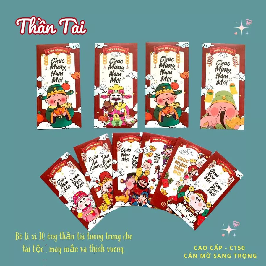 Bộ 8 mẫu Lì xì Vạn Niên may mắn, thịnh vượng, mẫu thiết kế, cán mờ sang trọng - vpp Doremon