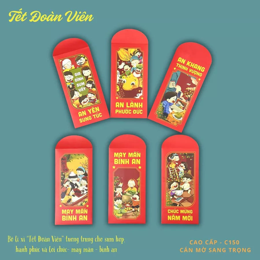 Bộ 8 mẫu Lì xì Vạn Niên may mắn, thịnh vượng, mẫu thiết kế, cán mờ sang trọng - vpp Doremon