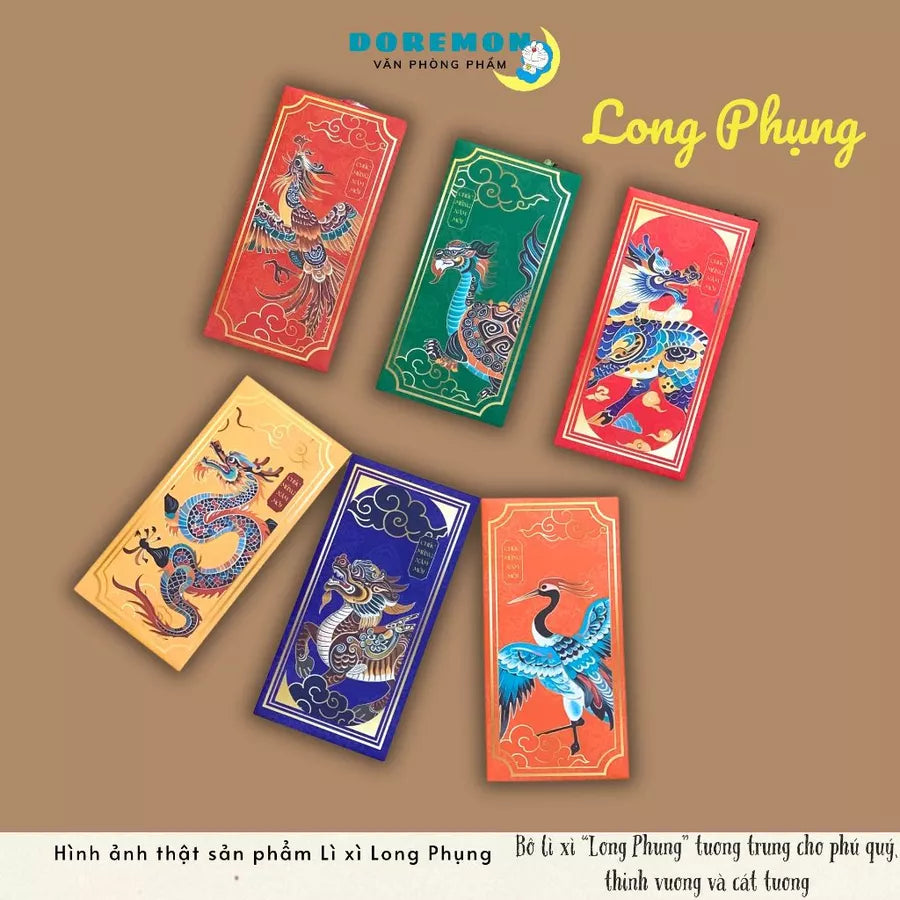 Bộ 8 mẫu Lì xì Vạn Niên may mắn, thịnh vượng, mẫu thiết kế, cán mờ sang trọng - vpp Doremon