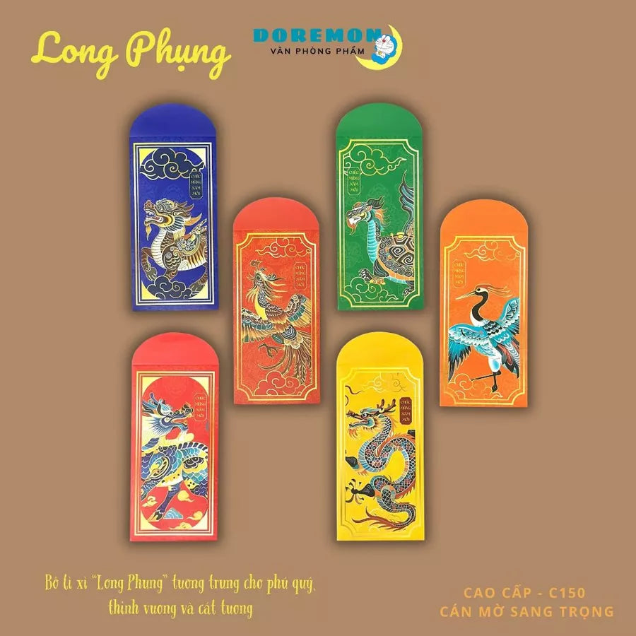 Bộ 8 mẫu Lì xì Vạn Niên may mắn, thịnh vượng, mẫu thiết kế, cán mờ sang trọng - vpp Doremon