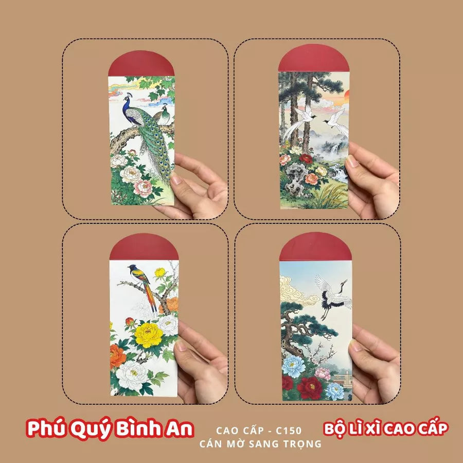 Bộ 8 mẫu Lì xì Vạn Niên may mắn, thịnh vượng, mẫu thiết kế, cán mờ sang trọng - vpp Doremon